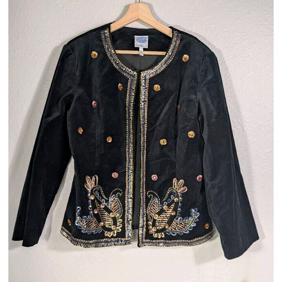 NWT DG2 Diane Gilman Velvet Jacket Paisley Sequin Beaded Black M - Picture 1 of 9